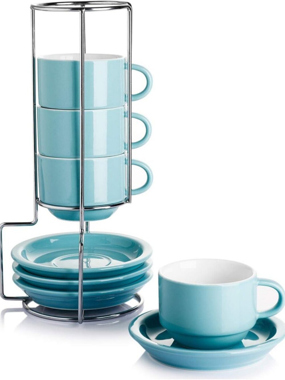 Stackable Porcelain Espresso Cups with Saucers & Metal Stand Set of 4